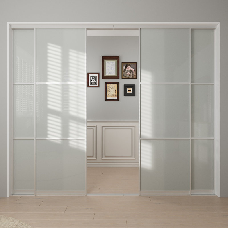 Porte de placard coulissante en verre trempé givré 80 po 3-Lite, panneau de fibres à densité moyenne massif pré-fini avec trousse de quincaillerie complète, paravent d'intimité et de lumière pour la chambre à coucher, la salle de bain et le garde-manger