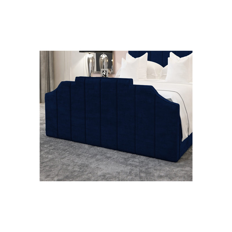 Annalei Regal Velvet Upholstered Bed Frame - Shaped Headboard, Chrome Feet, Single (3'), Navy