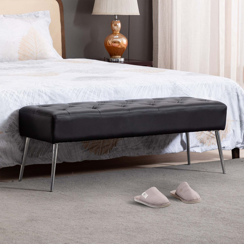 Faux Leather Upholstered Bench with Metal Legs, Black