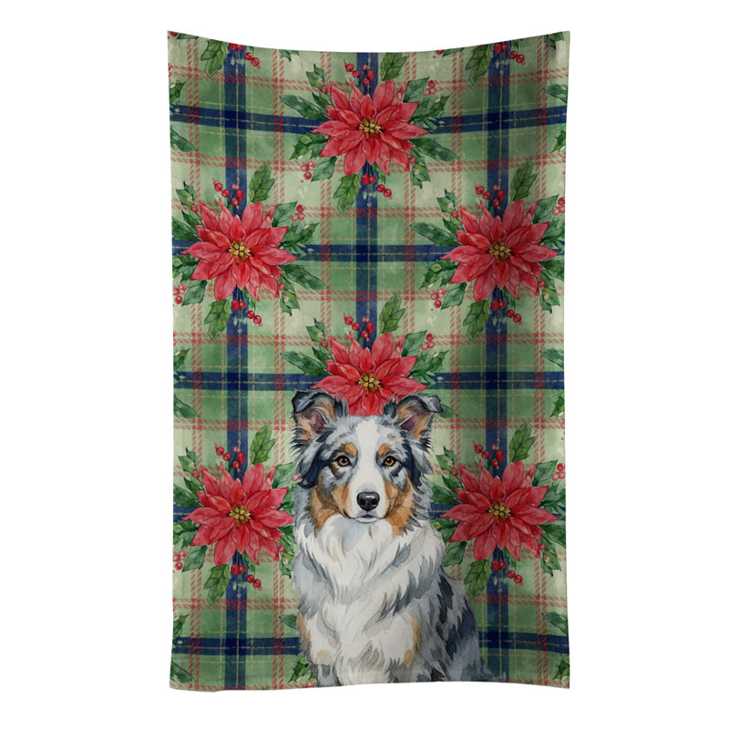 Blue Merle Border Collie Christmas PoinsettIas Kitchen Towel, Blue Merle Border Collie