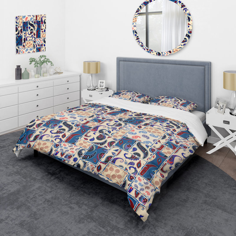 Patchwork bleu et crème - ensemble de housse de couette abstrait - microfibre de polyester