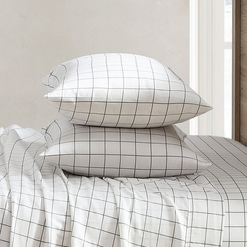 Keima 300 Thread Count Plaid 100% Cotton Sateen Sheet Set, Twin