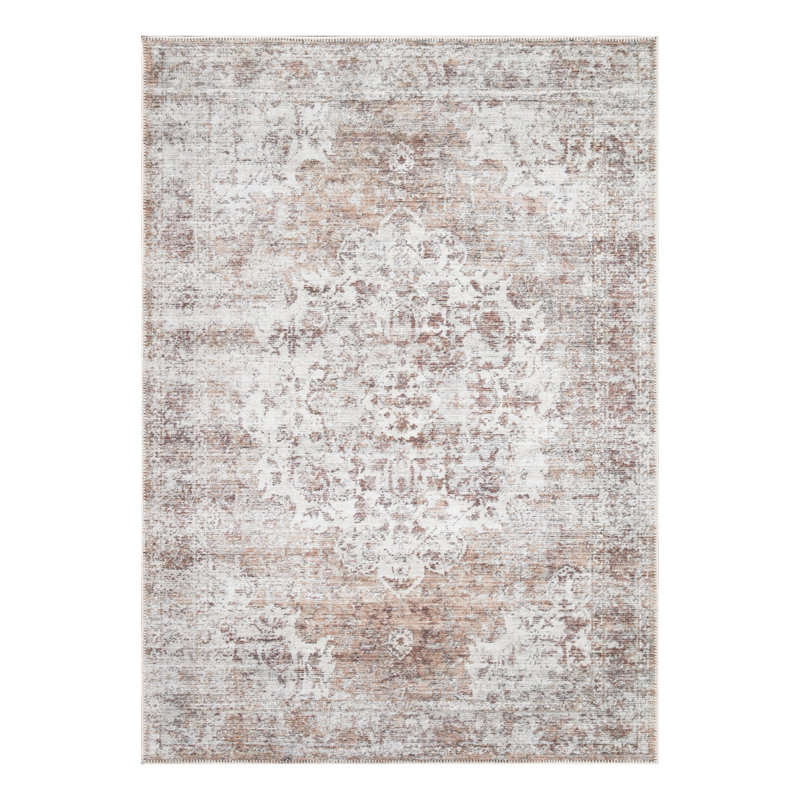 Tapis traditionnel lavable antidérapant - ivoire / rosé pour vestibule, couloir, salle de bain et cuisine - Fennimore