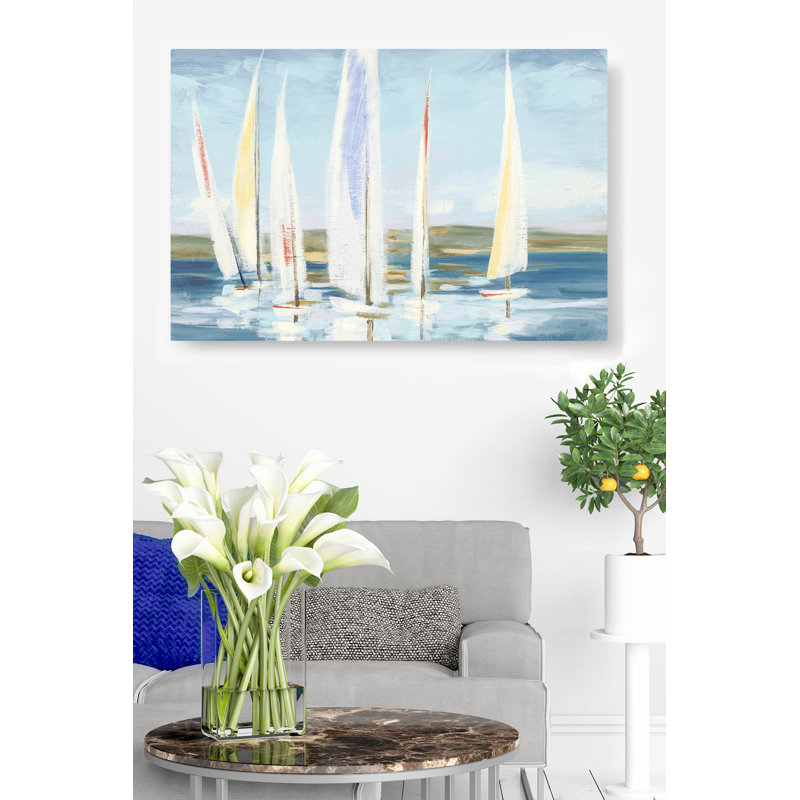 Voiliers, horizon, nautique, régate, bleu, jaune, rouge, H 24 po x l 48 po x P 1,5 po