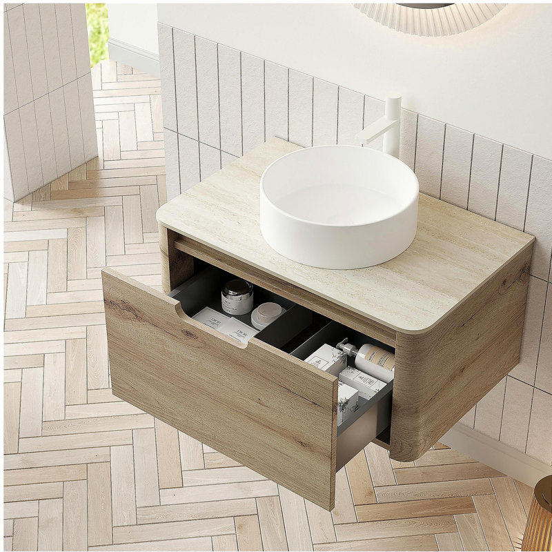 XAI 30" Bathroom Vanity with Sink, Wall-Mounted Plywood Storage Cabinet with Drawer, White Round Ceramic Basin and Roma Travertine-Pattern Sintered Stone Top, Pre-assembled, White Oak Woodgrain Color