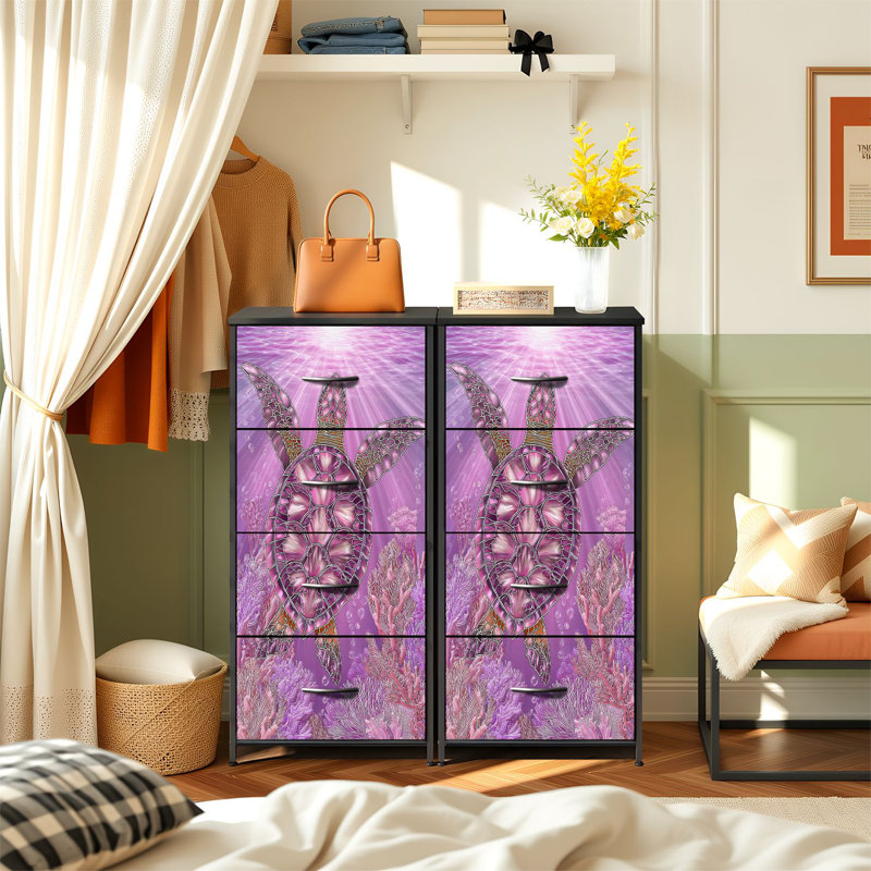 Commode de style vitrail pour la chambre à coucher avec 4 tiroirs de rangement Commode en verre teinté lavande et tortue de mer rose