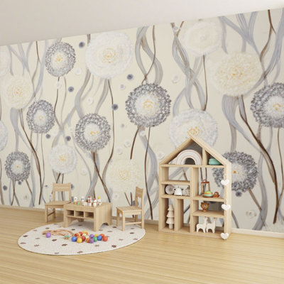 Peel and Stick Wallpaper Scandinavian Dandelion Folk Art Botanical Vintage Mid Century Wall Murals 100"H x 144"W Removable PVC Wall Paper Self-Adhesive Wall Decor for Bedroom Living Room Home Office