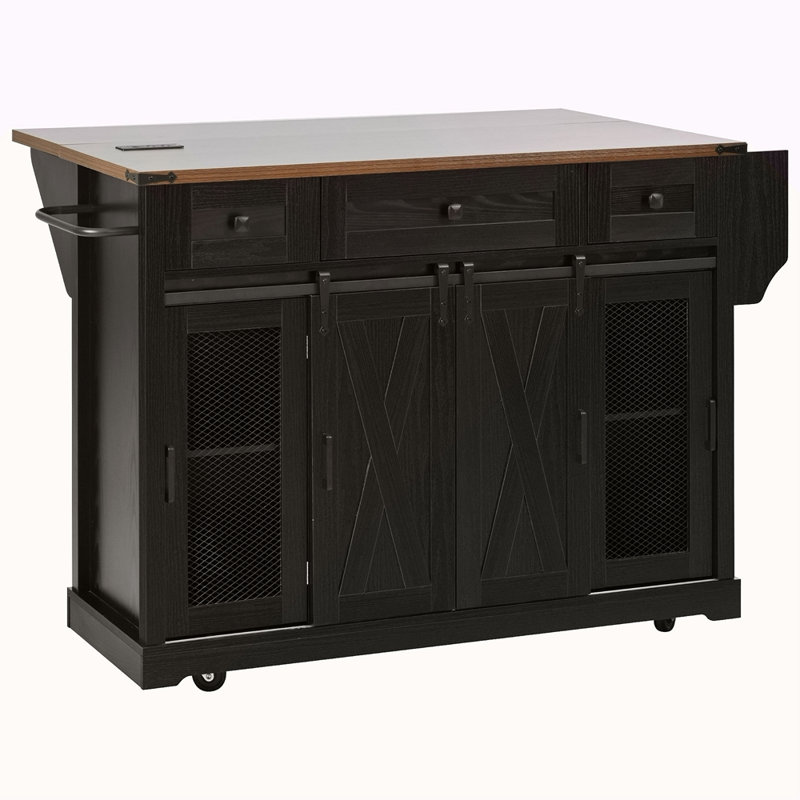 58" Farmhouse Kitchen Island With Storage, Sliding Barn Door & Metal Grid Side Door, Rolling Kitchen Island On 5 Wheels With Spice Rack, Glass Holders,Island Table With Drop Leaf For Kitchen