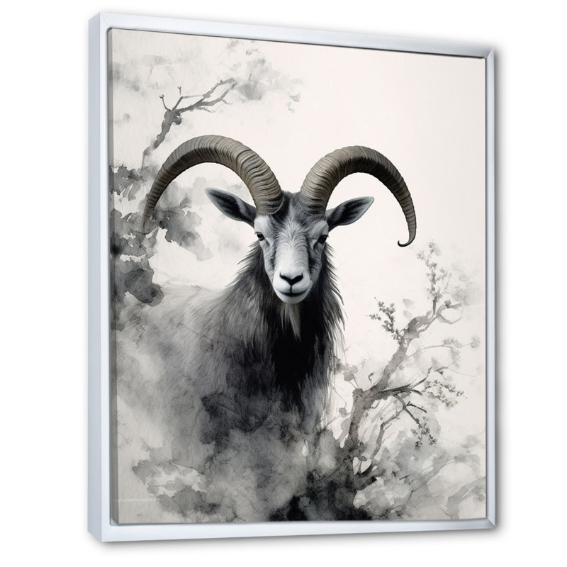 «Benedetic Asian Art Goat Sumi I», reproduction d'art sur toile, H 40 po x l 30 po x P 1,5 po, Cadre flottant blanc