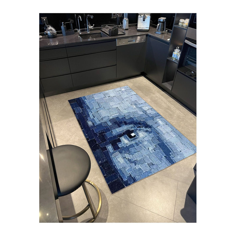 Tapis bleu lavable décoratif à motif abstrait bleu, Rectangle 4 pi 7 po x 6 pi 7 po