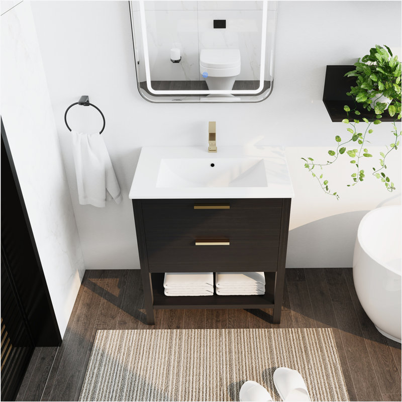 Meuble-lavabo de 30 po avec lavabo et 2 tiroirs à fermeture en douceur, poignée dorée-LPB01030BCTG-BL9075