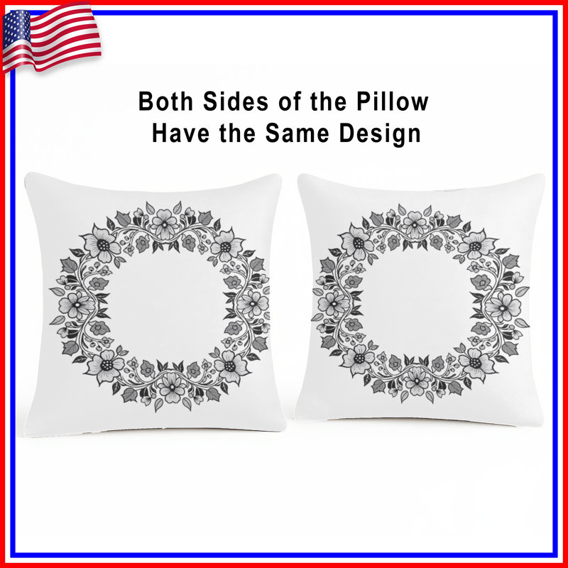 Coussins décoratifs double face à motif floral noir et blanc, 14 X 14 pouces