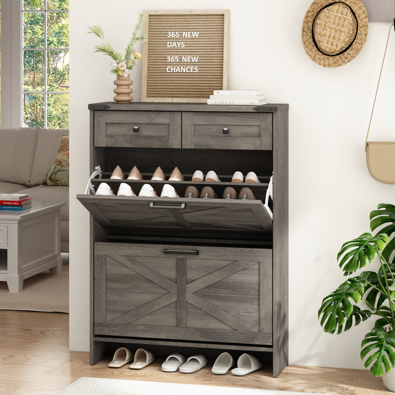 Farmhouse 16 Pair Shoe Cabinet with 2 Storage Drawers, Washed Gray