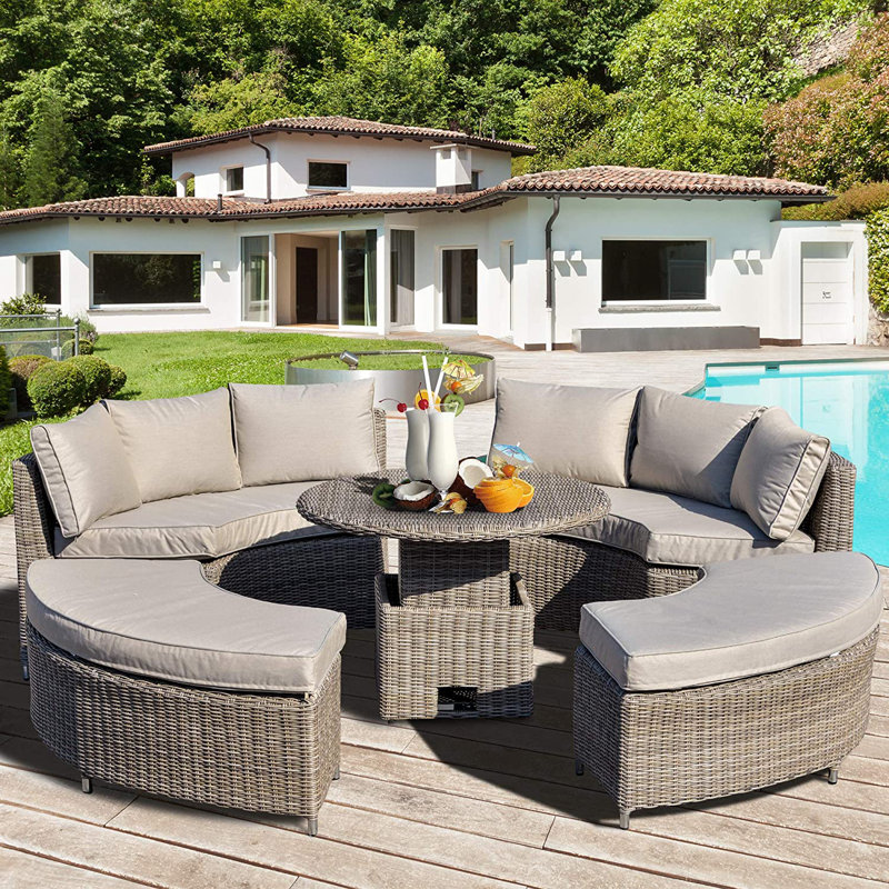 Chattanooga 5 Pieces Outdoor PE Rattan Round Garden Daybed with Cushions, Grey