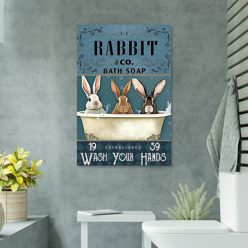 «Rabbit Wash Your Hands» - 1 pièce Rectangle lapin lavant les mains - 1 pièce, impression sur toile tendue sur toile tendue