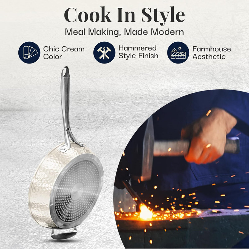 Gotham Steel Hammered Cream 10'' Ultra Ceramic Nonstick Fry Pan with Lid, 14"