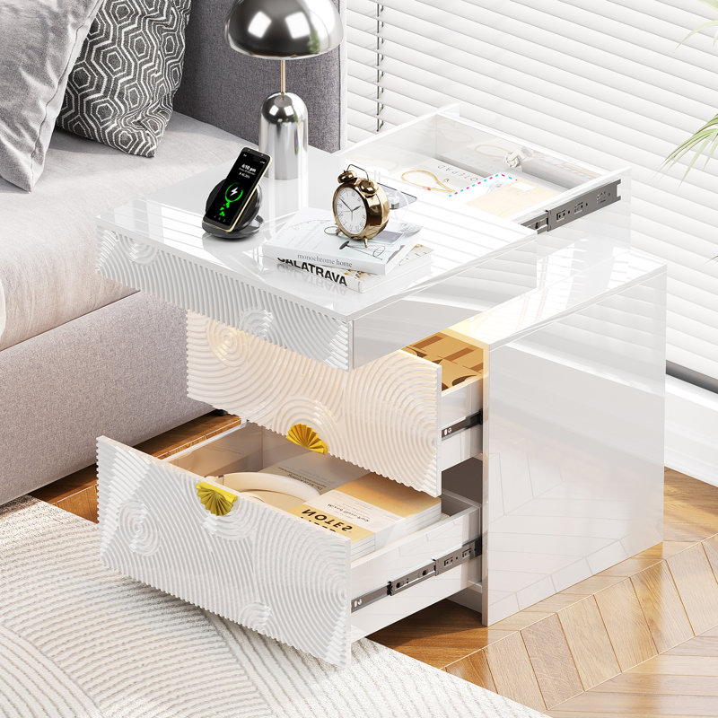 Table de chevet texturée moderne avec capteur de mouvement, lumières RVB contrôlées par l'application et 2 tiroirs, Blanc