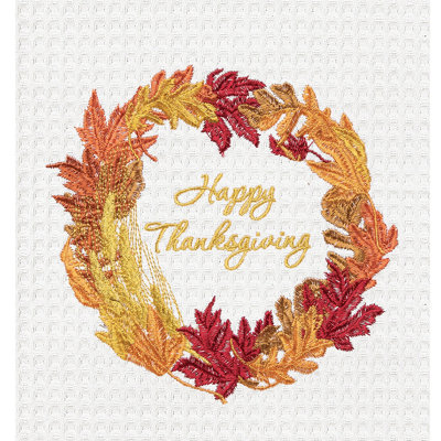Happy Thanksgiving Wreath Embroidered Waffle Weave Kitchen Towel