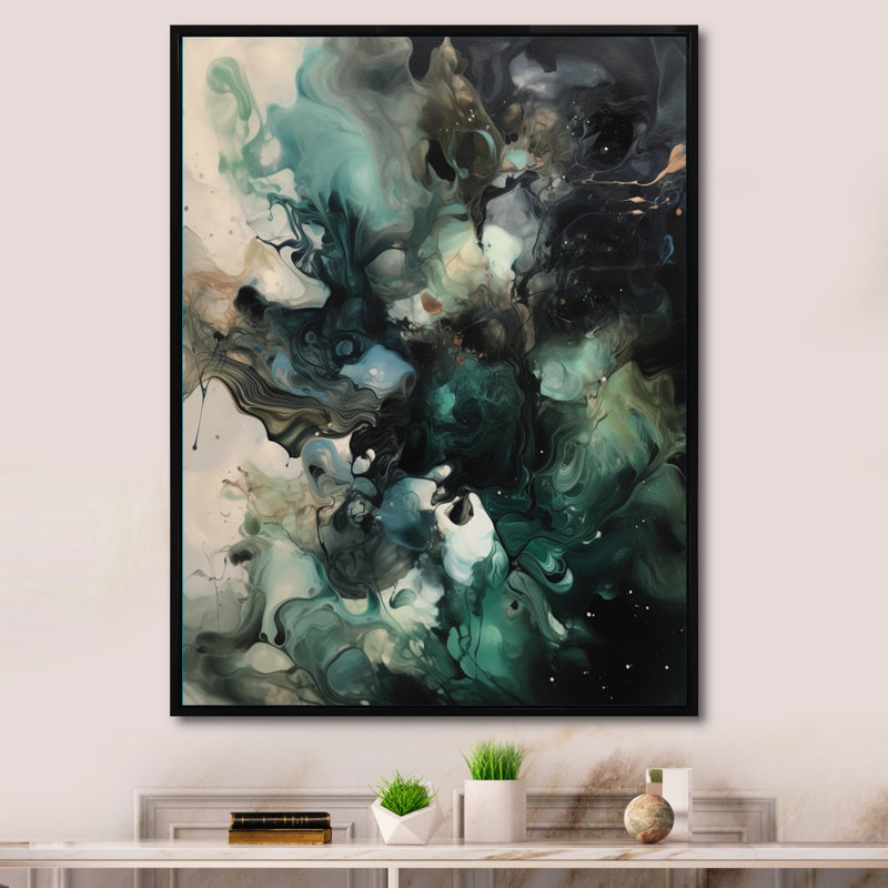Impression d'art sur toile vert et blanc marbré I, H 20 po x l 12 po x P 1 po, Cadre flottant noir