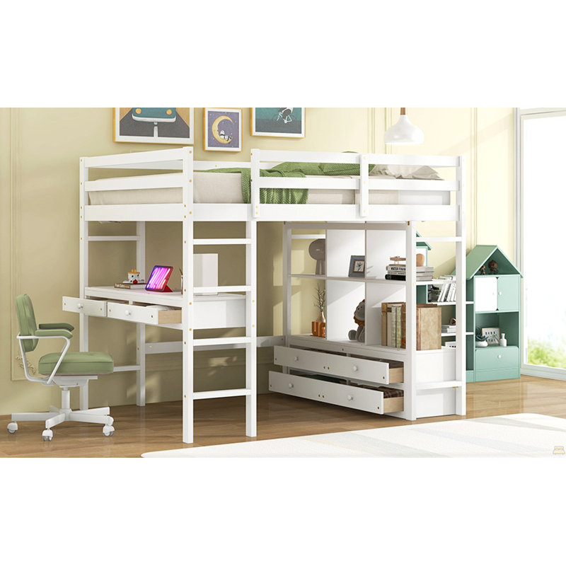 Lit mezzanine double avec bureau intégré avec deux tiroirs et tablettes et tiroirs de rangement