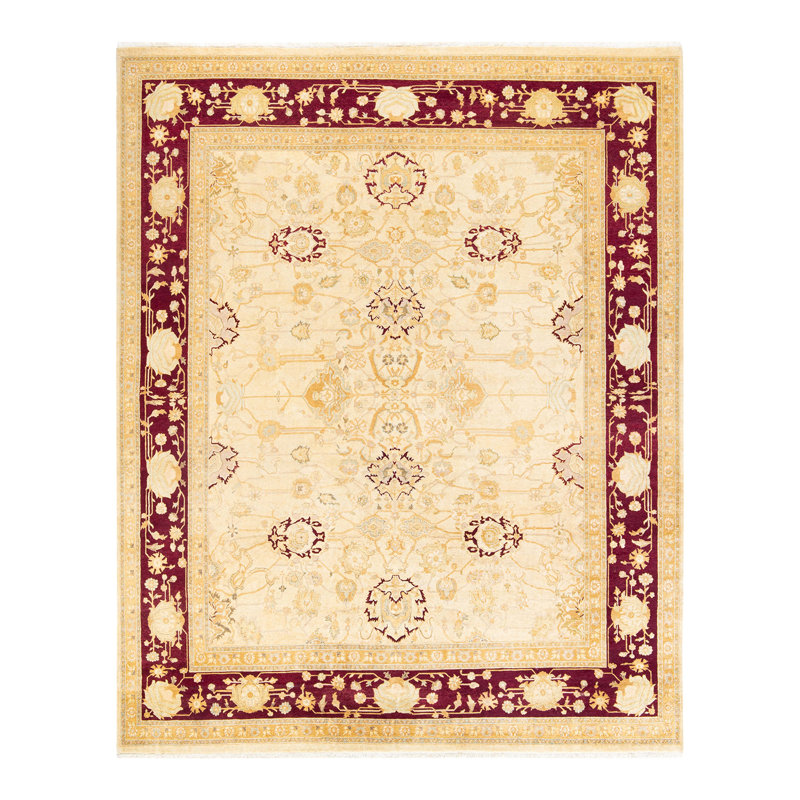 Tapis unique en laine noué à la main ivoire / rouge nouvel âge 8 pi 2 po x 10 pi 2 po Keenan