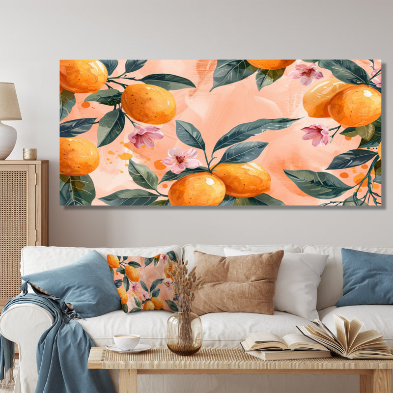 Art floral jaune jaune, rose, orange, arbres III, Toile tendue, H 28 po x l 60 po