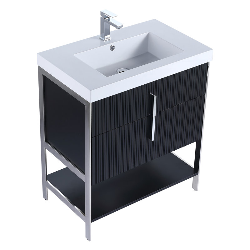  Meuble-lavabo moderne avec plateau en gel acrylique blanc Serenity, Noir mat / chrome, 30", Blanc