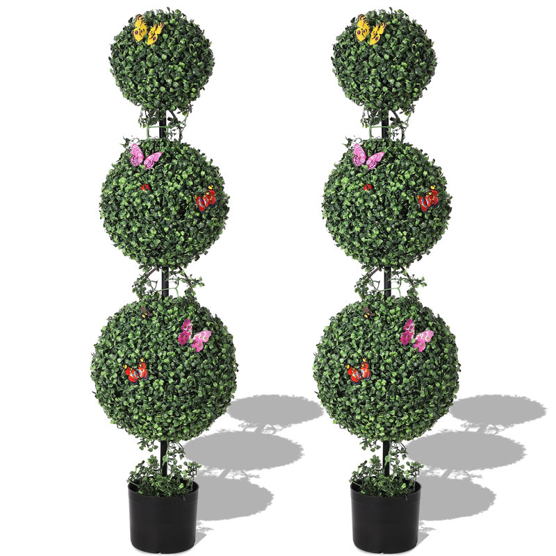 Arbres topiaires artificiels à trois boules, plantes artificielles d'extérieur avec vignes et insectes, ensemble de 2