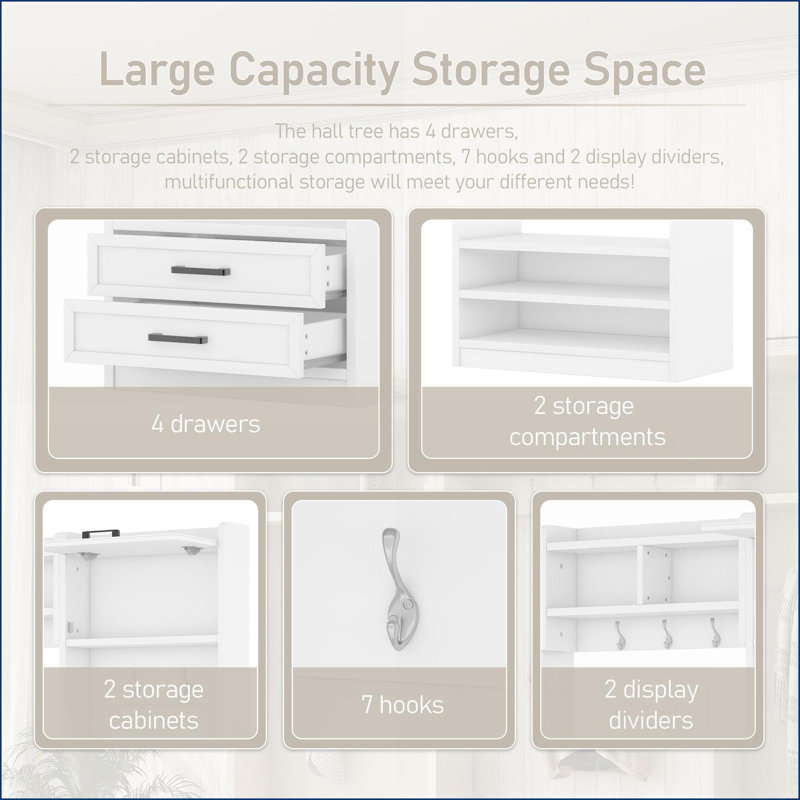 Hall Tree 4-in-1 Detachable with Storage Cabinets, Drawers &amp; 7 Hooks for Entryway | White | Particle Board+MDF, White