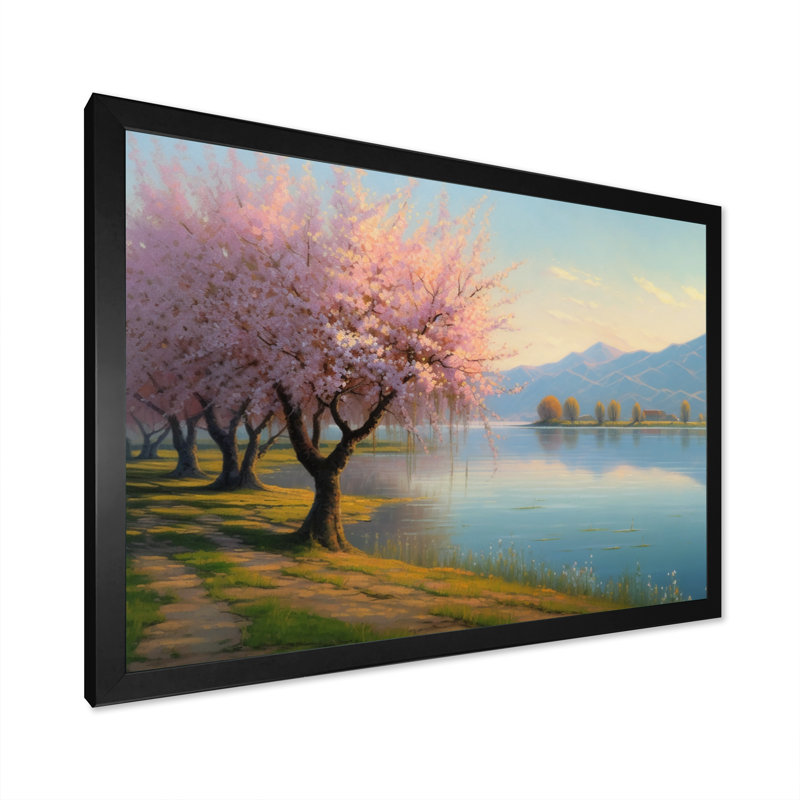«Rous Cherry Blossom Trees» au bord de l'eau II - reproduction, Cadre simple noir, H 16 po x l 32 po x P 1 po