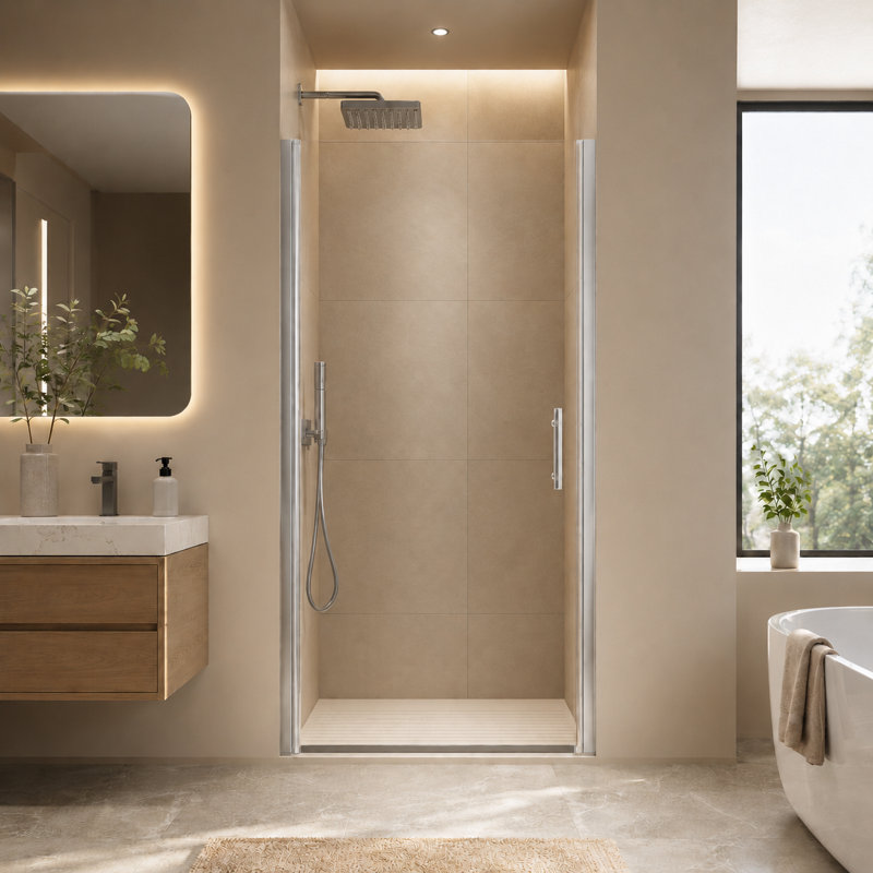 34-35.4" W x 72" H Pivot Shower Door with 1/4" 6mm Tempered Glass, Chrome, Chrome