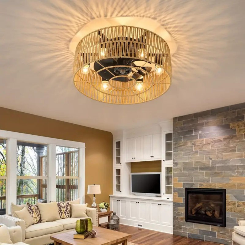 19" Boho Ceiling Fan With Light - Flush Mount Rattan Farmhouse Fan & LED Lamp, Remote Control For Bedroom Decor, Living Room | Home Decor & Room Decor (Low Profile, Enclosed Bamboo Ceiling Fan)
