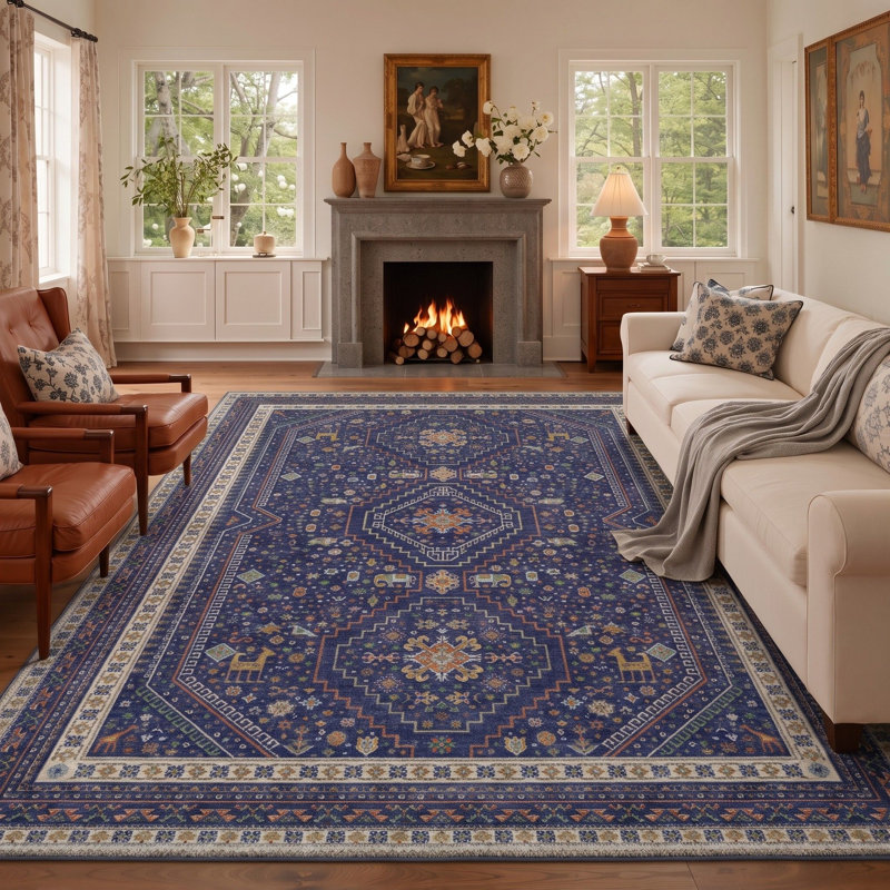 Tapis performance d'intérieur Medallia, Bleu marine, beige, Rectangle 9 pi x 12 pi
