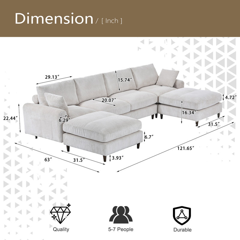 Modern Corduroy Modular Section Sofa, U-Shaped Convertible L-Shaped Sofa Set With Pillow, Oversized Sectional Sofa With Footstool