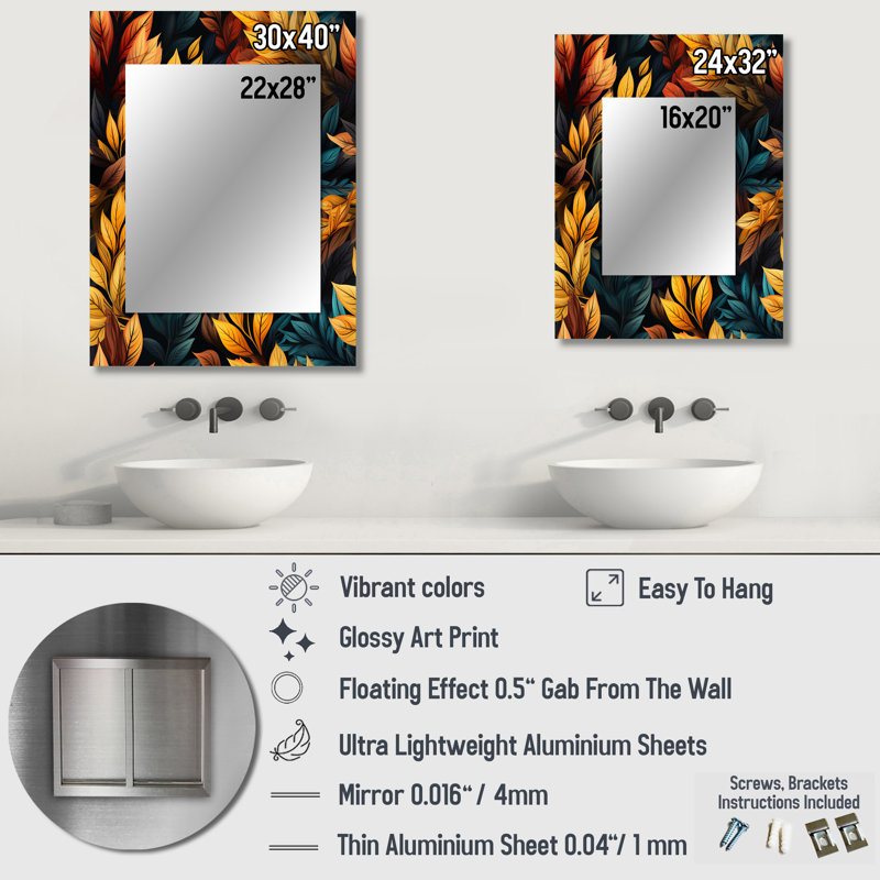 Carlaysia - feuilles d'automne rustiques jaunes - miroir mural unique rétro, miroir floral, impression d'art en métal