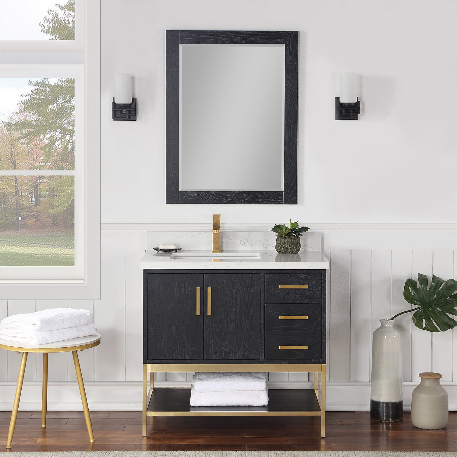 Blanche 36" Single Bathroom Vanity Set With Grain White Composite Stone Countertop With Mirror, Black, Gold