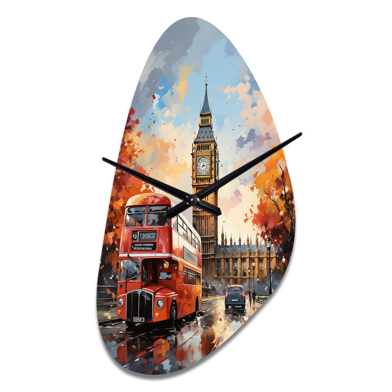 Peach Red City London Popart - London Asymmetrical Metal Wall Clock, Traditional Unique Shape Wall Clock Print, Medium
