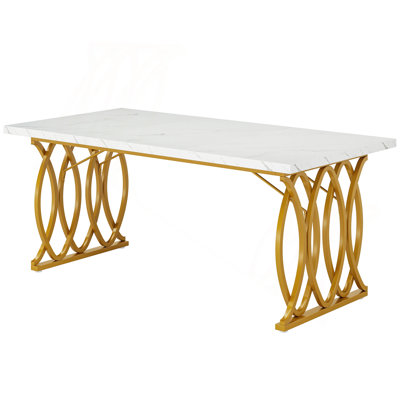 63" Modern Dining Table White Gold Faux Marble Kitchen Table For 4-6 People Large Rectangular Dinner Table With Geometric Legs , Elegant Table For Dining Room, Kitchen Or Breakfast Nook