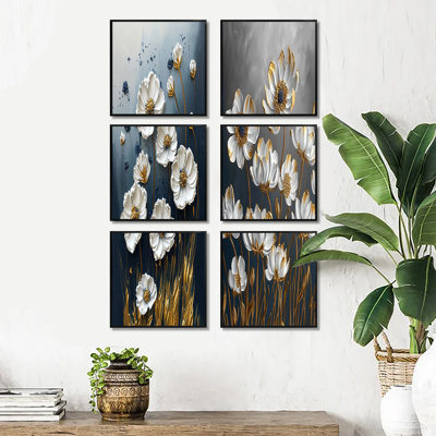 Bleuet sur fond blanc et doré - ensemble de 6 fleurs bleues