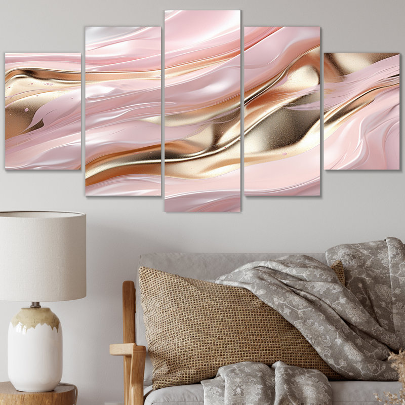 Art liquide dans le mouvement en or rose II - formes abstraites, art mural, salon - 5 panneaux