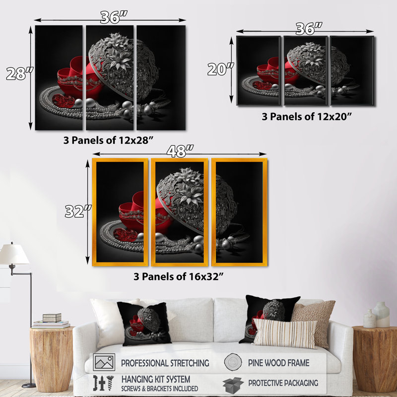 Vintage Glam Accessores n Red and Black - 3 pièces sur toile, L 36 po x H 28 po, Toile encadrée noire