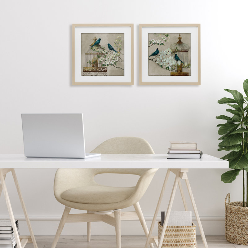 Spring Bluebirds Menagerie, ensemble de 2 reproductions encadrées sous verre, par Elaine Vollherbst, H 13 po x l 13 po