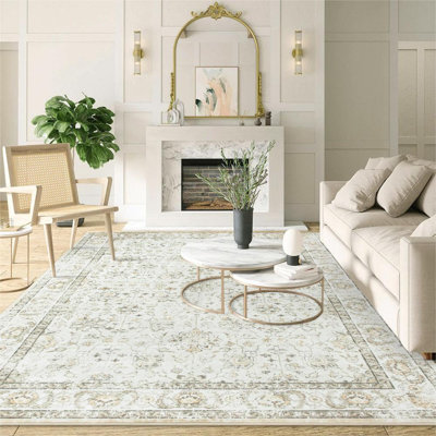 Tapis beige rétro à motif floral, tapis de style boho antidérapant lavable