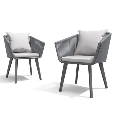 Stainless Steel and Wicker Ergonomic Terrace Dining Chairs with Cushions (Set of 2)