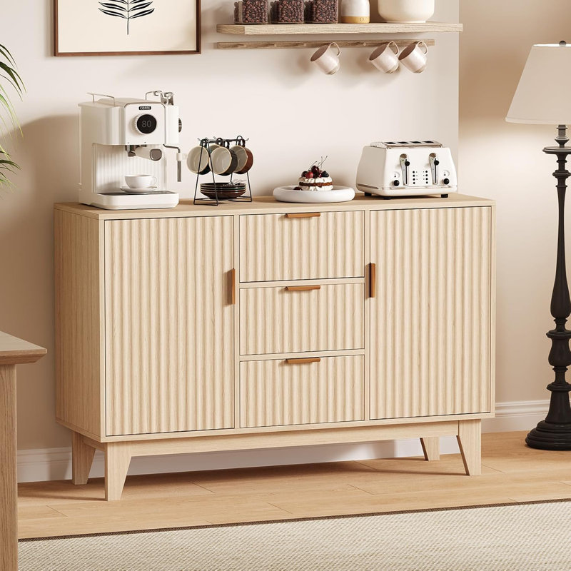 47 Inch Modern Fluted Sideboard Buffet Cabinet with 3 Drawers and Adjustable Shelves, Kitchen Storage Cabinet, Yellow