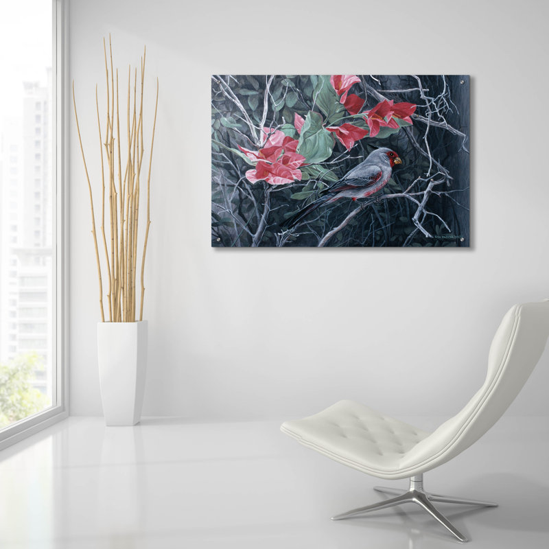 «Pyrhuloxia» par Ron Parker, art en verre acrylique, H 24 po x l 36 po x P 0,2 po