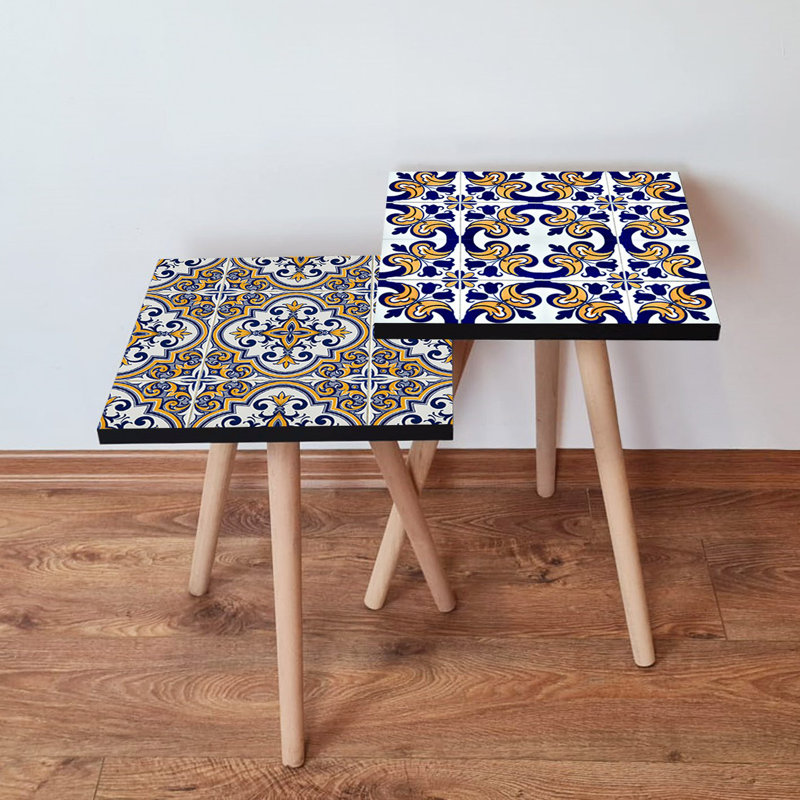 Stylish Nesting Table Set (2 Pieces), Navy Blue & Yellow with White Accents, 13.8 x 18.5 x 13.8 in (Large) & 13.8 x 16.5 x 13.8 in (Small) | 100% MDF with Beech Wood Legs | Ethnic Geometric Design for Modern Living Spaces