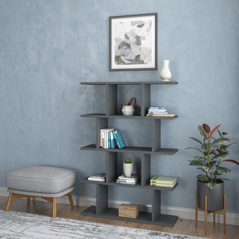 Modern Scandinavian Bookshelf, Anthracite, 35.4 x 9.8 x 50.2 inches | 100% Melamine Coated Particle Board, Thickness: 0.7 inches | Wall-Mountable, Numerous Shelves, Stylish & Functional Storage Solution for Home or Office