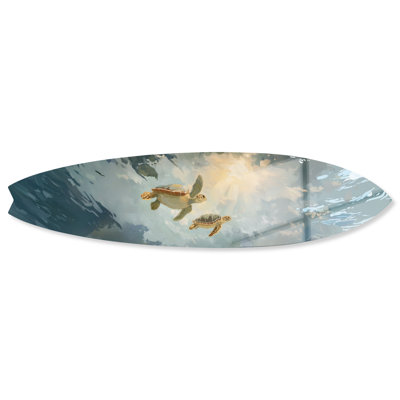 Décoration murale côtière en acrylique découpée représentant des tortues sous l'eau et une planche de surf, par Notoriart, 1 panneau, 152 x 38 cm