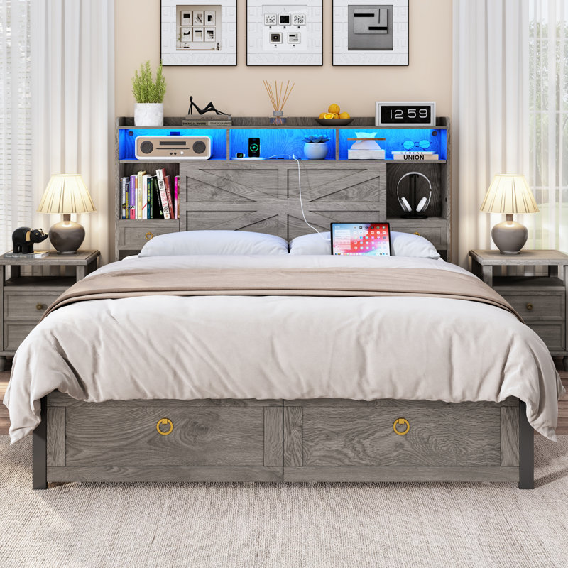 Queen Size Storage Bed with 2 Footboard Drawers and Storage Headboard, USB&AC Charging Station, APP & Remote RGB Lights, Farmhouse Industrial Platform Bed, Noise-Free, No Box Spring Needed
